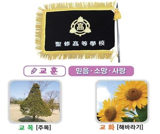 교기사진, 교훈 : 믿음·소망·사랑, 교목:주목, 교화:해바라기